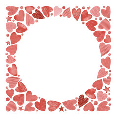 Square greeting card template with round hole inside, hand drawn illustration with red hearts
