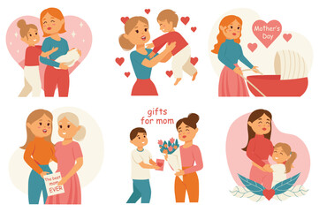 Mother's Day set icons concept with people scene in the flat cartoon design. Children congratulate their mother on Mother's Day. Vector illustration.