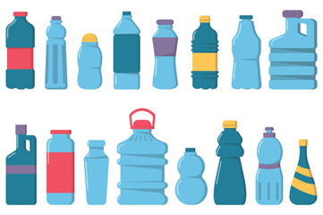 Water bottles set icons concept without people scene in the flat cartoon design. Image of plastic bottles of different shapes. Vector illustration.