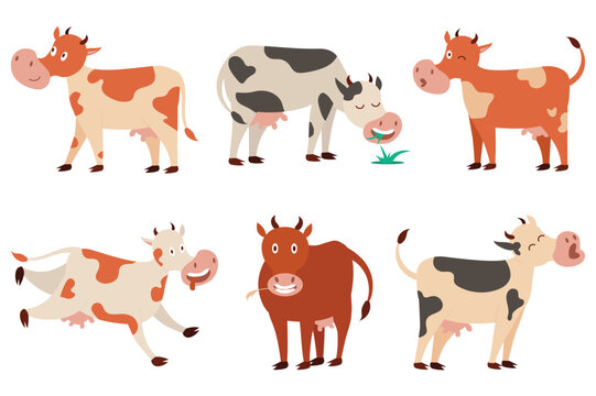 Cartoon cow set icons concept without people scene in the flat cartoon style. Funny images of cows. Vector illustration.