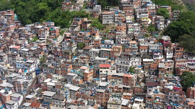 Cantagalo-Pavao-Pavaozinho Favelas. Rio de Janeiro, Brazil. Aerial View. Drone Flies Forward, Tilt Down