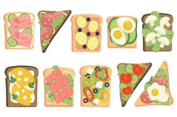 Tasty toasts set icons concept without people scene in the flat cartoon design. Types of delicious toasts with different ingredients. Vector illustration.