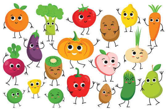 Cute vegan food set icons concept without people scene in the flat cartoon style. Funny pictures of vegetables and fruits that vegans eat. Vector illustration.