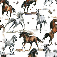 Hand drawn. Watercolor  illustration. Cute cartoon. Seamless pattern. Horses white and dark brown. Mustang wild Arabian.  White background. Pastel color. For home design. Other texture.