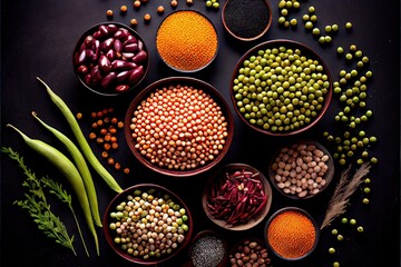 Beans, lentils and peas , Healthy fresh grain on a black background (Ai generated)