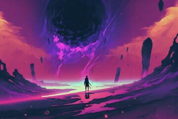 Fototapeta premium A fantasy scene of a man walking in void, digital painting style made with generative AI.