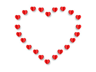 Valentine day heart frame .Heart shape confetti . Frame with pink and red hearts.Paper hearts decoration.3D heart frames space for text.