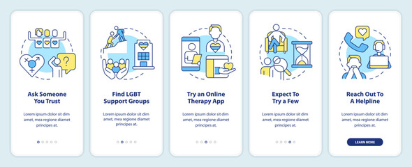 Finding LGBTQ friendly therapist onboarding mobile app screen. Walkthrough 5 steps editable graphic instructions with linear concepts. UI, UX, GUI template. Myriad Pro-Bold, Regular fonts used