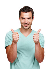Thumbs up, happy and portrait of a man in a studio with success, good news and agreement. Happiness, smile and handsome male model with a yes, ok and approval gesture isolated by a white background.