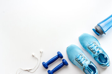 Fitness flatlay with workout sport tools, top view