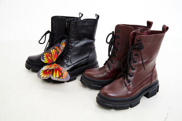 Female winter, autumn or spring brown leather shoes. Fashionable modern photography for a store, catalog, magazine or online