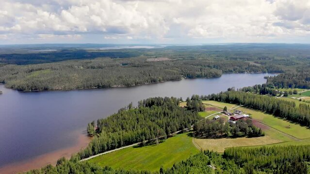 Panoramic aerial view of a Finnish lake and islands and countryside on a beautiful summer day
