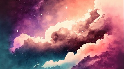 A vibrant watercolor illustration of a starry sky with colorful clouds in the night sky, shining stars, background texture watercolor style, generative ai