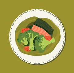 illustration of grilled salmon fish on green sauce with broccoli and vegetables