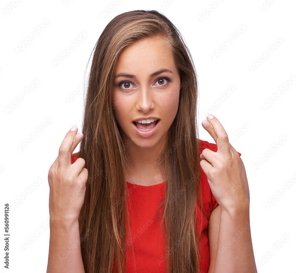 Sticker Wish, hope and portrait of a woman with fingers crossed on an isolated white background. Hopeful, expression and surprised girl with hand gesture for expressing wishing on a studio background