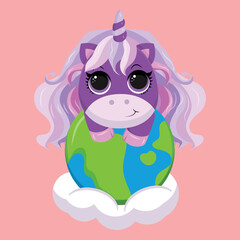 Cute Unicorn  in the earth Vector Icon Illustration. Unicorn Mascot Cartoon Character. Animal Icon Concept White Isolated. Flat Cartoon Style Suitable for Web Landing Page, Banner, Flyer, Sticker,