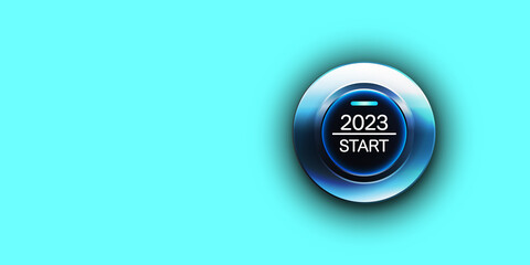 Blue glossy start button, 2023 start, new beginning concept illustration.