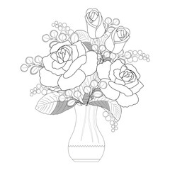 Black and white rose flowers bouquet in a vase. Coloring book page. Vector illustration.