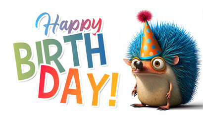 Cute birthday card/greeting/invitation, colorful illustration of blue hedgehog on white background, generative ai, digital art