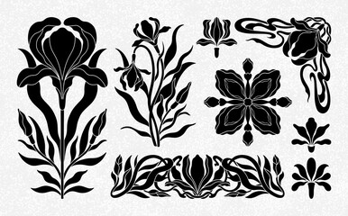 Floral iris set in art nouveau 1920-1930. Hand drawn in a linear style with weaves of lines, leaves and flowers.