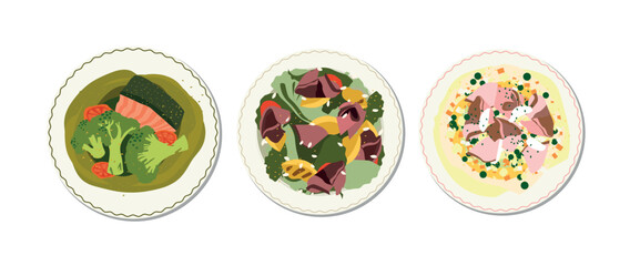 set of three different salad, vegetable bowl