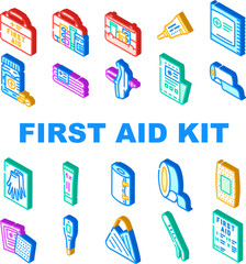 first aid kit medicine health icons set vector. medical care, hospital aid, doctor box, emergency cross, case help bage first aid kit medicine health isometric sign illustrations