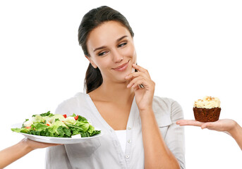 Woman with salad or cake choice isolated on white background and thinking of healthy food, diet or detox. Chocolate cupcake, green vegetable and model with offer, decision or idea in studio mockup