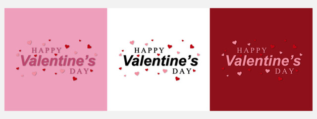 Happy valentine's day lettering with hearts on white, red and pink background.