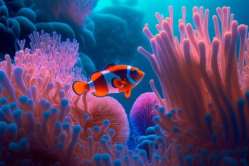 Coral reef in South Pacific off the coast of the island. Colorful Clownfish hiding in their host anemone on a tropical coral reef. generative ai