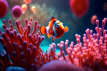 Coral reef in South Pacific off the coast of the island. Colorful Clownfish hiding in their host anemone on a tropical coral reef. Generative AI