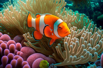 Coral reef in South Pacific off the coast of the island. Colorful Clownfish hiding in their host anemone on a tropical coral reef. generative ai