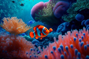 Naklejka na ściany i meble Coral reef in South Pacific off the coast of the island. Colorful Clownfish hiding in their host anemone on a tropical coral reef. generative ai