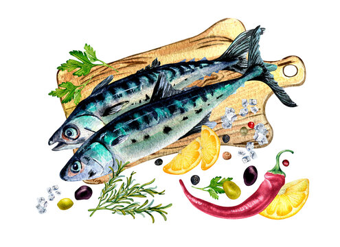 Composition of mackerel on cutting board watercolor illustration isolated on white. Fresh sea fish, lemon, rosemary, chili hand drawn. Design element for package, label, menu, market, canned fish