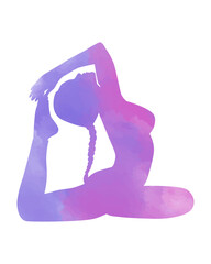 Yoga woman silhouette in King Pigeon pose, texture violet purple watercolor hand drawing.