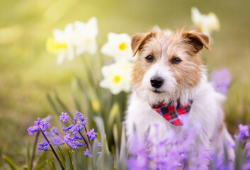 Happy cute jack russell terrier pet dog puppy smiling in the garden with flowers. Spring forward, easter background.