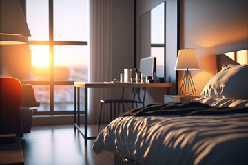 Hotel room with sunset light from window. Travel and vacation concept. Generative AI