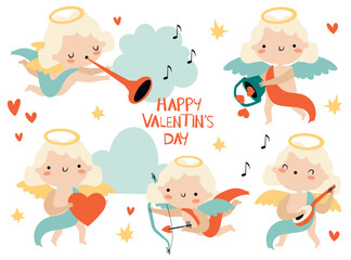 vector illustration of an Angel with a heart, with a musical instrument, with a basket, with a bow. isolated Cupids. Valentine's Day.