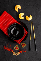 Asian tabble place setting with red bamboo mat for Chinese New Year