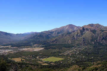 Panoramic view of the city of San Carlos de Bariloche. Río Negro, Argentina. Patagonia. Touristic city. Mountains and houses. 