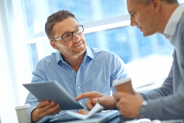 Manager, consulting or business people on tablet in airport for global invest strategy, finance growth or financial review. Teamwork in lobby for social media, data analysis or economy research blog