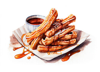Realistic watercolor illustration of paper plate of churros drizzled with caramel sauce and dusted with sugar generative AI art
- 560993993