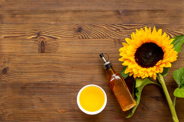 Sunflowers withcooking oil and black seeds. Harvest season