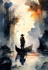 Fototapeta na wymiar Vietnamese man sailing in the boat. Generative art