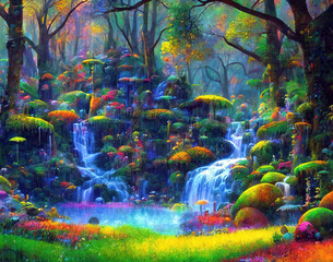 Beautiful fantasy jungle waterfall with flowers, mossy boulders and trees growing on the bank. Vibrant multi-colored paint effect. Generative AI art painting illustration.