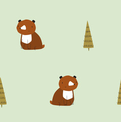 Fototapeta premium Forest pattern with a bear. Simple seamless scandinavian background. Cartoon bear. Forest animal. Fabric, paper, wallpaper
