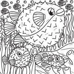 Mother Pufferfish and Baby Pufferfish Coloring 