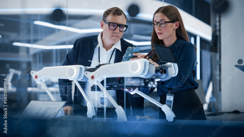 Aufkleber Professional Multicultural Team of Female and Male Engineers Use Industrial Programmable Robot Dog in a Factory Development Workshop. Tech Facility with Machines, Computers and Research Equipment.