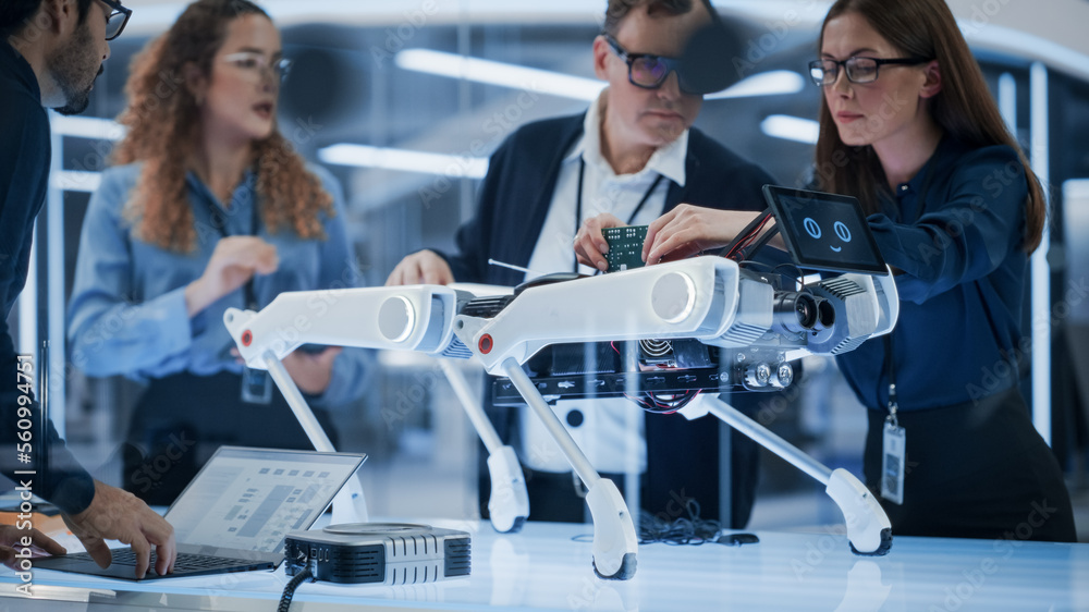 Poster professional multicultural team of female and male engineers use industrial programmable robot anima