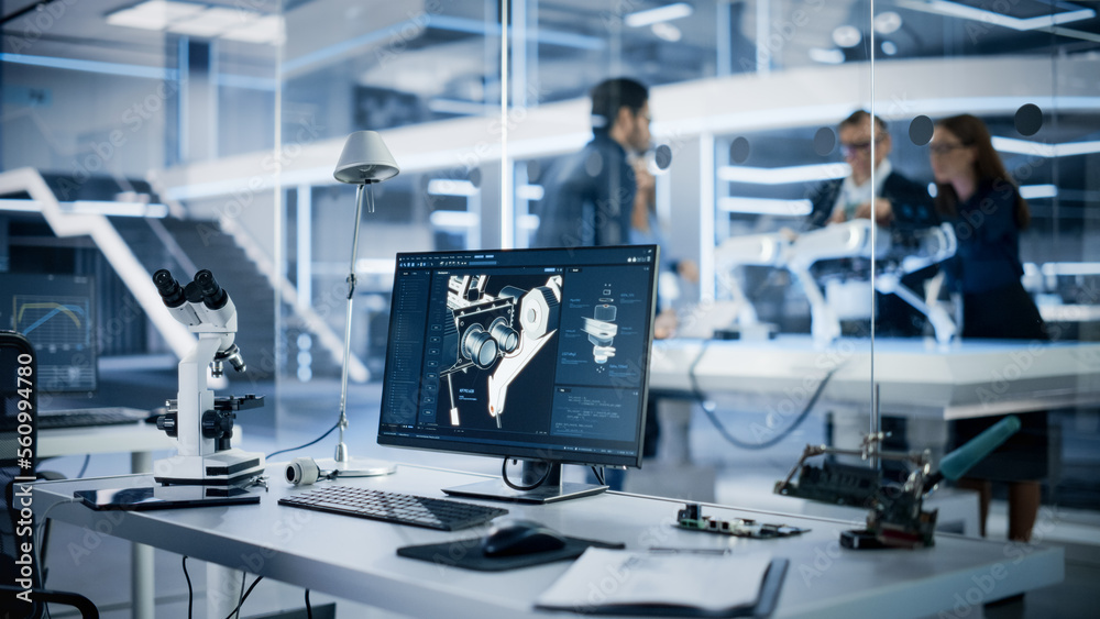 Fototapete Modern Industrial Research Laboratory with Desktop Computer with 3D Cad Software on Display. Scientific Lab, Engineering Research Center Full of High-Tech Equipment, Technology for Robot Development