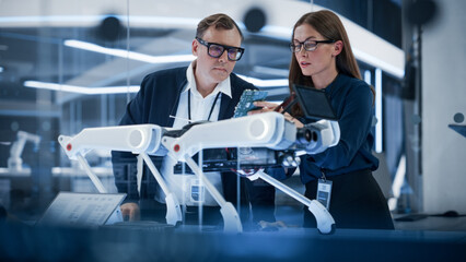 Professional Multicultural Team of Female and Male Engineers Use Industrial Programmable Robot Dog in a Factory Development Workshop. Tech Facility with Machines, Computers and Research Equipment.